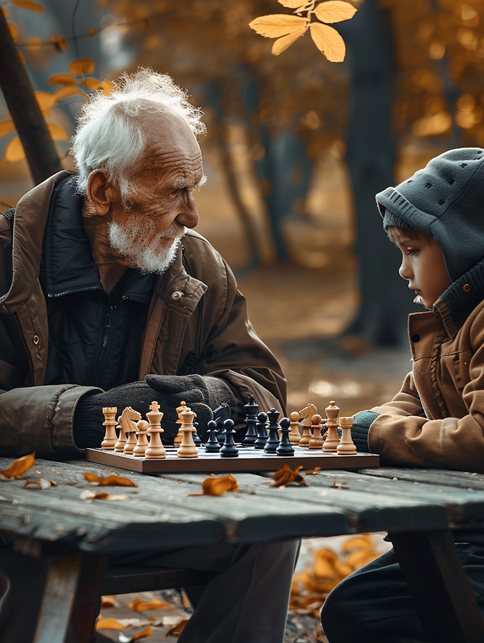 Photography of an old man and a boy playing chess